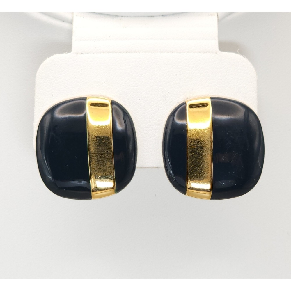 Monet Vintage Black Enamel & Gold Stripe Square‎  Button Clip On Earrings 7/8 In - Picture 11 of 11